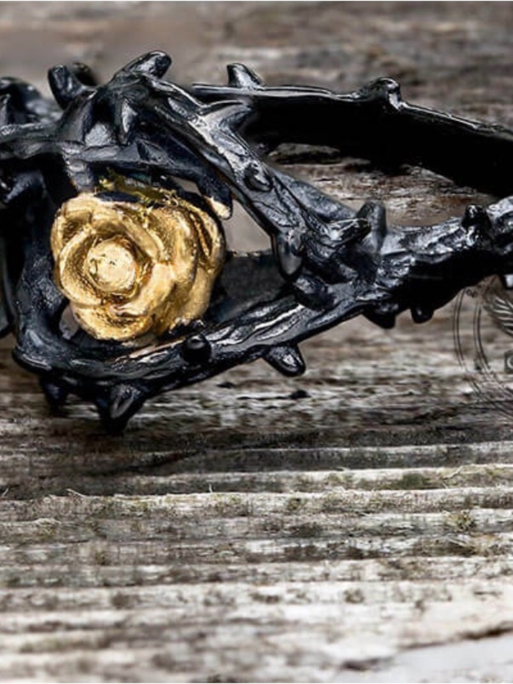 Black Thorn Ring with Gold Rose Accent - Women's Fashion Ring - Picture 2 of 3